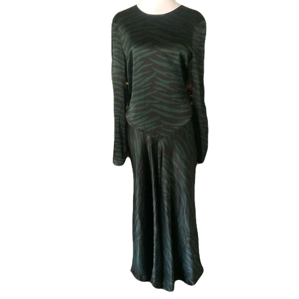 Ganni Dark Green/Black Satin Silky Medium Zebra-Print Long Sleeve Maxi Dress